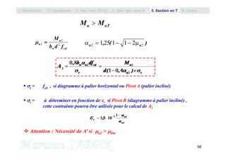 58
M Mu uT
 s = fyd , si diagramme à palier horizontal ou Pivot A (palier incliné)
 s = à déterminer en fonction de s si Pivot B (diagramme à palier incliné) ,
cette contrainte pourra être utilisée pour le calcul de A1
cdw
u
u
fdb
M
2
2
2   u u2 2125 1 1 2  , ( )
 Attention : Nécessité de A’ si u2 > lim
1. Introduction 3. Sec. rect. (A’=0) 5. Section en T2. Hypothèses 4. Sec. rect. avec A’ 6. Divers
 