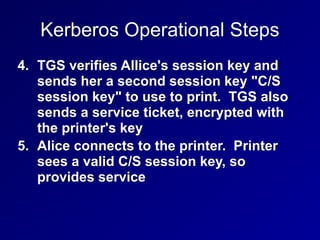 Kerberos Operational Steps
4. TGS verifies Allice's session key and
sends her a second session key "C/S
session key" to use to print. TGS also
sends a service ticket, encrypted with
the printer's key
5. Alice connects to the printer. Printer
sees a valid C/S session key, so
provides service
 