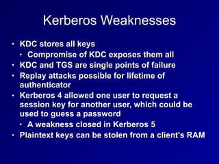 Kerberos Weaknesses
• KDC stores all keys
• Compromise of KDC exposes them all
• KDC and TGS are single points of failure
• Replay attacks possible for lifetime of
authenticator
• Kerberos 4 allowed one user to request a
session key for another user, which could be
used to guess a password
• A weakness closed in Kerberos 5
• Plaintext keys can be stolen from a client's RAM
 