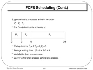 Operating System Concepts Silberschatz and Galvin1999
5.10
FCFS Scheduling (Cont.)
Suppose that the processes arrive in the order
P2 , P3 , P1 .
• The Gantt chart for the schedule is:
• Waiting time for P1 = 6; P2 = 0; P3 = 3
• Average waiting time: (6 + 0 + 3)/3 = 3
• Much better than previous case.
• Convoy effect short process behind long process
P1
P3
P2
6
3 30
0
 