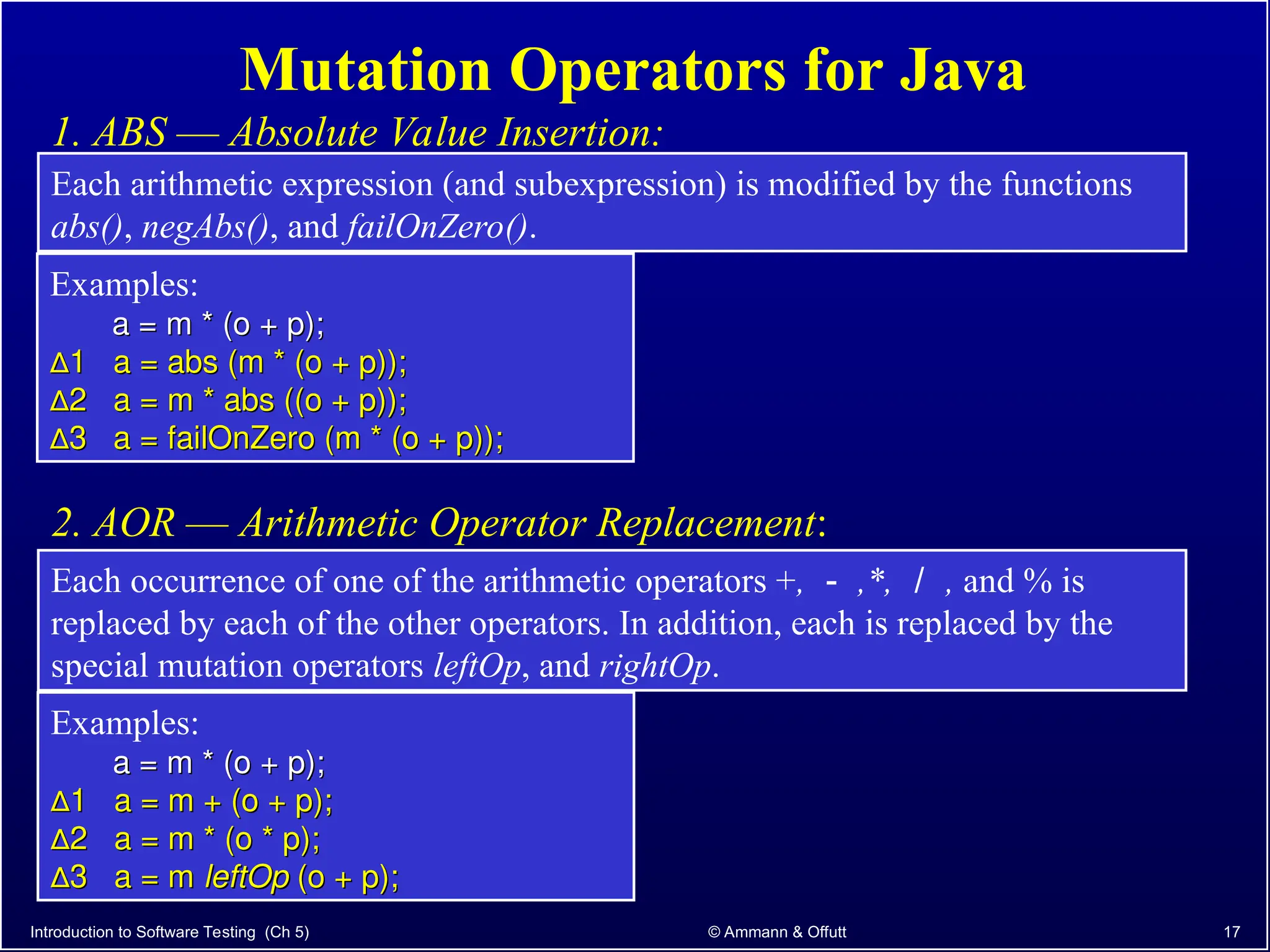 Introduction to Software Testing (Ch 5) © Ammann & Offutt 17
Mutation Operators for Java
Each occurrence of one of the arithmetic operators +, － ,*, ／ , and % is
replaced by each of the other operators. In addition, each is replaced by the
special mutation operators leftOp, and rightOp.
2. AOR –– Arithmetic Operator Replacement:
Each arithmetic expression (and subexpression) is modified by the functions
abs(), negAbs(), and failOnZero().
1. ABS –– Absolute Value Insertion:
Examples:
a = m * (o + p);
a = m * (o + p);
∆
∆1 a = abs (m * (o + p));
1 a = abs (m * (o + p));
∆
∆2 a = m * abs ((o + p));
2 a = m * abs ((o + p));
∆
∆3 a = failOnZero (m * (o + p));
3 a = failOnZero (m * (o + p));
Examples:
a = m * (o + p);
a = m * (o + p);
∆
∆1 a = m + (o + p);
1 a = m + (o + p);
∆
∆2 a = m * (o * p);
2 a = m * (o * p);
∆
∆3 a = m
3 a = m leftOp
leftOp (o + p);
(o + p);
 