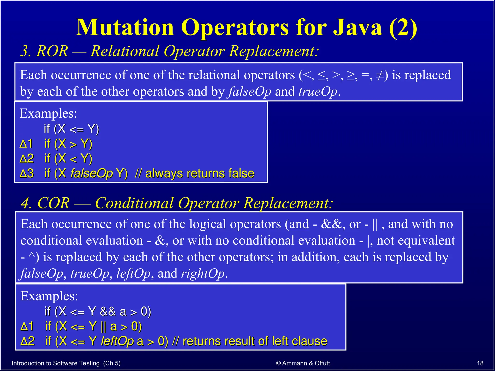 Introduction to Software Testing (Ch 5) © Ammann & Offutt 18
Mutation Operators for Java (2)
Each occurrence of one of the relational operators (<, ≤, >, ≥, =, ≠) is replaced
by each of the other operators and by falseOp and trueOp.
3. ROR –– Relational Operator Replacement:
Examples:
if (X <= Y)
if (X <= Y)
∆
∆1 if (X > Y)
1 if (X > Y)
∆
∆2 if (X < Y)
2 if (X < Y)
∆
∆3 if (X
3 if (X falseOp
falseOp Y) // always returns false
Y) // always returns false
Each occurrence of one of the logical operators (and - &&, or - || , and with no
conditional evaluation - &, or with no conditional evaluation - |, not equivalent
- ^) is replaced by each of the other operators; in addition, each is replaced by
falseOp, trueOp, leftOp, and rightOp.
4. COR –– Conditional Operator Replacement:
Examples:
if (X <= Y && a > 0)
if (X <= Y && a > 0)
∆
∆1 if (X <= Y || a > 0)
1 if (X <= Y || a > 0)
∆
∆2 if (X <= Y
2 if (X <= Y leftOp
leftOp a > 0) // returns result of left clause
a > 0) // returns result of left clause
 