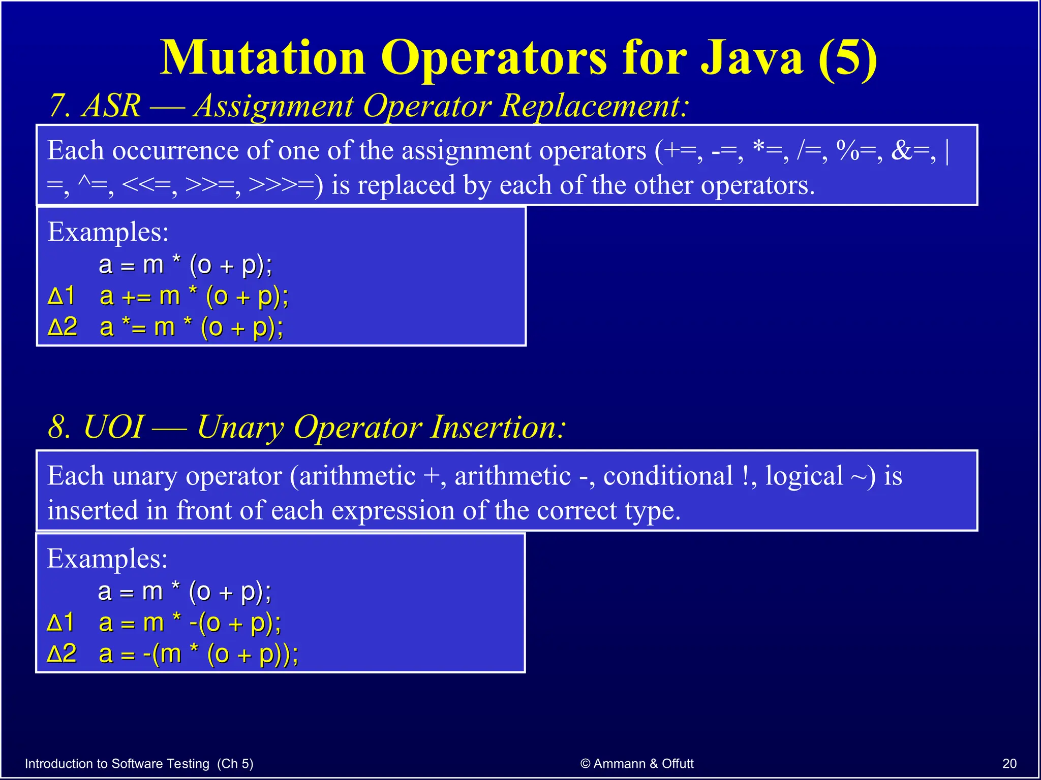 Introduction to Software Testing (Ch 5) © Ammann & Offutt 20
Mutation Operators for Java (5)
Each occurrence of one of the assignment operators (+=, -=, *=, /=, %=, &=, |
=, ^=, <<=, >>=, >>>=) is replaced by each of the other operators.
7. ASR –– Assignment Operator Replacement:
8. UOI –– Unary Operator Insertion:
Each unary operator (arithmetic +, arithmetic -, conditional !, logical ~) is
inserted in front of each expression of the correct type.
Examples:
a = m * (o + p);
a = m * (o + p);
∆
∆1 a += m * (o + p);
1 a += m * (o + p);
∆
∆2 a *= m * (o + p);
2 a *= m * (o + p);
Examples:
a = m * (o + p);
a = m * (o + p);
∆
∆1 a = m * -(o + p);
1 a = m * -(o + p);
∆
∆2 a = -(m * (o + p));
2 a = -(m * (o + p));
 
