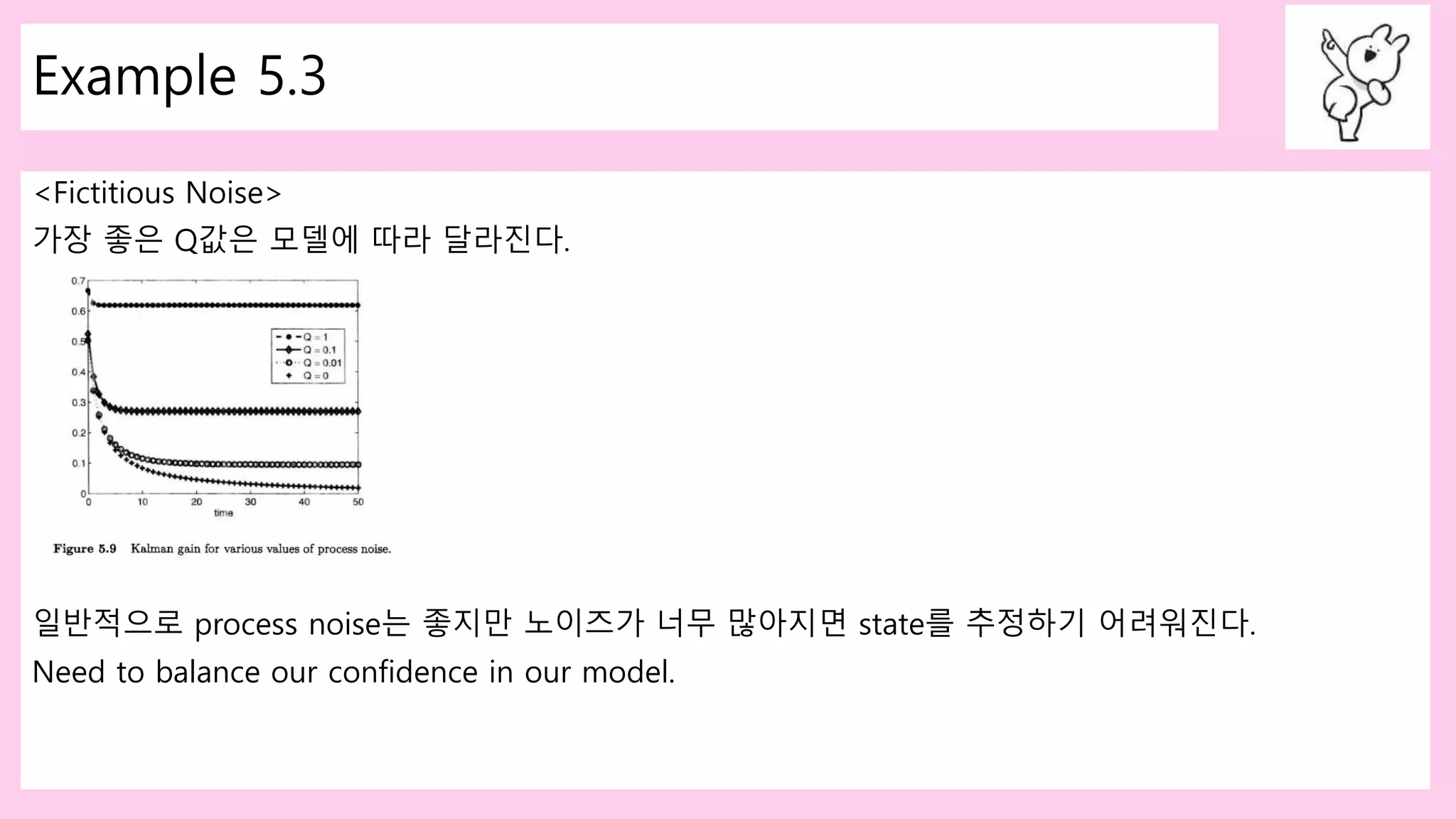 Example 5.3
<Fictitious Noise>
가장 좋은 Q값은 모델에 따라 달라진다.
일반적으로 process noise는 좋지만 노이즈가 너무 많아지면 state를 추정하기 어려워진다.
Need to balance our confidence in our model.
 