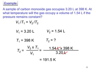 15
A sample of carbon monoxide gas occupies 3.20 L at 398 K. At
what temperature will the gas occupy a volume of 1.54 L if the
pressure remains constant?
V1 = 3.20 L
T1 = 398 K
V2 = 1.54 L
T2 = ?
T2 =
V2 x T1
V1
1.54 L x 398 K
3.20 L
=
= 191.5 K
V1 /T1 = V2 /T2
Example
 