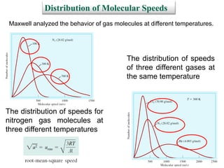 40
The distribution of speeds for
nitrogen gas molecules at
three different temperatures
The distribution of speeds
of three different gases at
the same temperature
Distribution of Molecular Speeds
Maxwell analyzed the behavior of gas molecules at different temperatures.
 