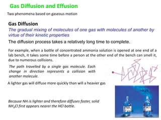 42
Gas Diffusion and Effusion
Two phenomena based on gaseous motion
Gas Diffusion
The gradual mixing of molecules of one gas with molecules of another by
virtue of their kinetic properties
The diffusion process takes a relatively long time to complete.
For example, when a bottle of concentrated ammonia solution is opened at one end of a
lab bench, it takes some time before a person at the other end of the bench can smell it,
due to numerous collisions.
The path travelled by a single gas molecule. Each
change in direction represents a collision with
another molecule.
Because NH3 is lighter and therefore diffuses faster, solid
NH4Cl first appears nearer the HCl bottle.
A lighter gas will diffuse more quickly than will a heavier gas
 