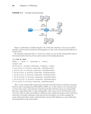 120  Chapter 5  ■  IP Routing
Fi g u r e 5 .1    A simple routing example
Fa0/2
10.10.0.1/16
Fa0/3
10.0.0.1/8
Fa0/0 Fa0/1
10.10.10.1/24
Lab A
Figure 5.1 illustrates a simple network. Lab_A has four interfaces. Can you see which
interface will be used to forward an IP datagram to a host with a destination IP address of
10.10.10.30?
By using the command show ip route on a router, we can see the routing table (map of
the internetwork) that Lab_A has used to make its forwarding decisions:
Lab_A#sh ip route
Codes: L - local, C - connected, S - static,
[output cut]
10.0.0.0/8 is variably subnetted, 6 subnets, 4 masks
C 10.0.0.0/8 is directly connected, FastEthernet0/3
L 10.0.0.1/32 is directly connected, FastEthernet0/3
C 10.10.0.0/16 is directly connected, FastEthernet0/2
L 10.10.0.1/32 is directly connected, FastEthernet0/2
C 10.10.10.0/24 is directly connected, FastEthernet0/1
L 10.10.10.1/32 is directly connected, FastEthernet0/1
S* 0.0.0.0/0 is directly connected, FastEthernet0/0
The C in the routing table output means that the networks listed are directly connected.
Until we add a routing protocol like RIPv2, OSPF, etc., to the routers in our internetwork,
or enter static routes, only directly connected networks will show up in our routing table.
But wait—what about that L in the routing table—that’s new, isn’t it? Yes! Because in the
new Cisco IOS 15 code, Cisco defines a different route, called a local host route. Each local
route has a /32 prefix, defining a route just for the one address. So in this example, the
router relied upon these routes, which list their own local IP addresses, to more efficiently
forward packets to the router itself.
 