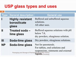 USP glass types and uses
10
Type General description General use
I Highly resistant
borosilicate
glass
Buffered and unbuffered aqueous
solutions.
All other uses.
II Treated soda –
lime glass
Buffered aqueous solutions with pH
below 7.0,
dry powders, oleaginous solution.
III Soda-lime glass Dry powders, oleaginous solutions.
NP Soda-lime glass Not for parenterals.
For tablets, oral solutions and
suspensions, ointments and external
liquids.
Packaging and Storage of Parmaceuticals byAliyi Gerina
Bule Hora University
 