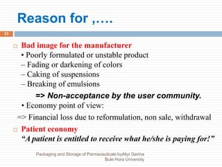 Reason for ,….
Packaging and Storage of Parmaceuticals byAliyi Gerina
Bule Hora University
33
 Bad image for the manufacturer
• Poorly formulated or unstable product
– Fading or darkening of colors
– Caking of suspensions
– Breaking of emulsions
=> Non-acceptance by the user community.
• Economy point of view:
=> Financial loss due to reformulation, non sale, withdrawal
 Patient economy
“A patient is entitled to receive what he/she is paying for!”
 