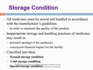 Storage Condition
39
 All medicines must be stored and handled in accordance
with the manufacturer’s guidelines
 in order to maintain the quality of the product.
 Inappropriate storage and handling practices of medicines
may result in
 potential spoilage of the medicines
 consequent financial impact for the facility
 Classified into three
 Normal storage condition
 Cold storage condition
 Special storage condition
Packaging and Storage of Parmaceuticals byAliyi Gerina
Bule Hora University
 