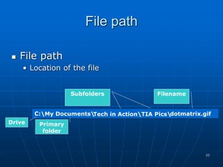 33
File path
 File path
• Location of the file
C: Tech in ActionTIA Pics
My Documents dotmatrix.gif
Drive Primary
folder
Subfolders Filename
 