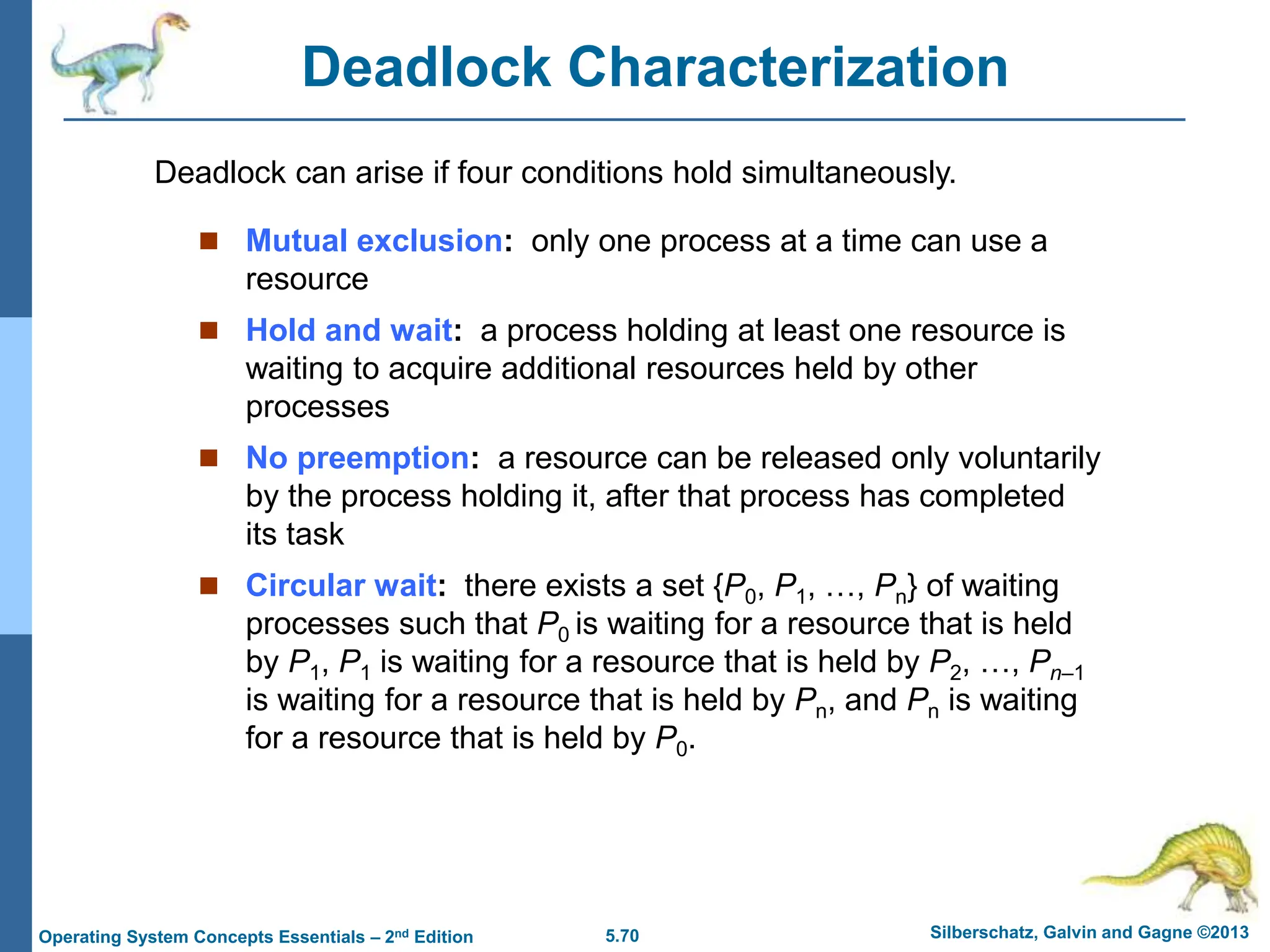 5.70 Silberschatz, Galvin and Gagne ©2013
Operating System Concepts Essentials – 2nd Edition
Deadlock Characterization
 Mutual exclusion: only one process at a time can use a
resource
 Hold and wait: a process holding at least one resource is
waiting to acquire additional resources held by other
processes
 No preemption: a resource can be released only voluntarily
by the process holding it, after that process has completed
its task
 Circular wait: there exists a set {P0, P1, …, Pn} of waiting
processes such that P0 is waiting for a resource that is held
by P1, P1 is waiting for a resource that is held by P2, …, Pn–1
is waiting for a resource that is held by Pn, and Pn is waiting
for a resource that is held by P0.
Deadlock can arise if four conditions hold simultaneously.
 