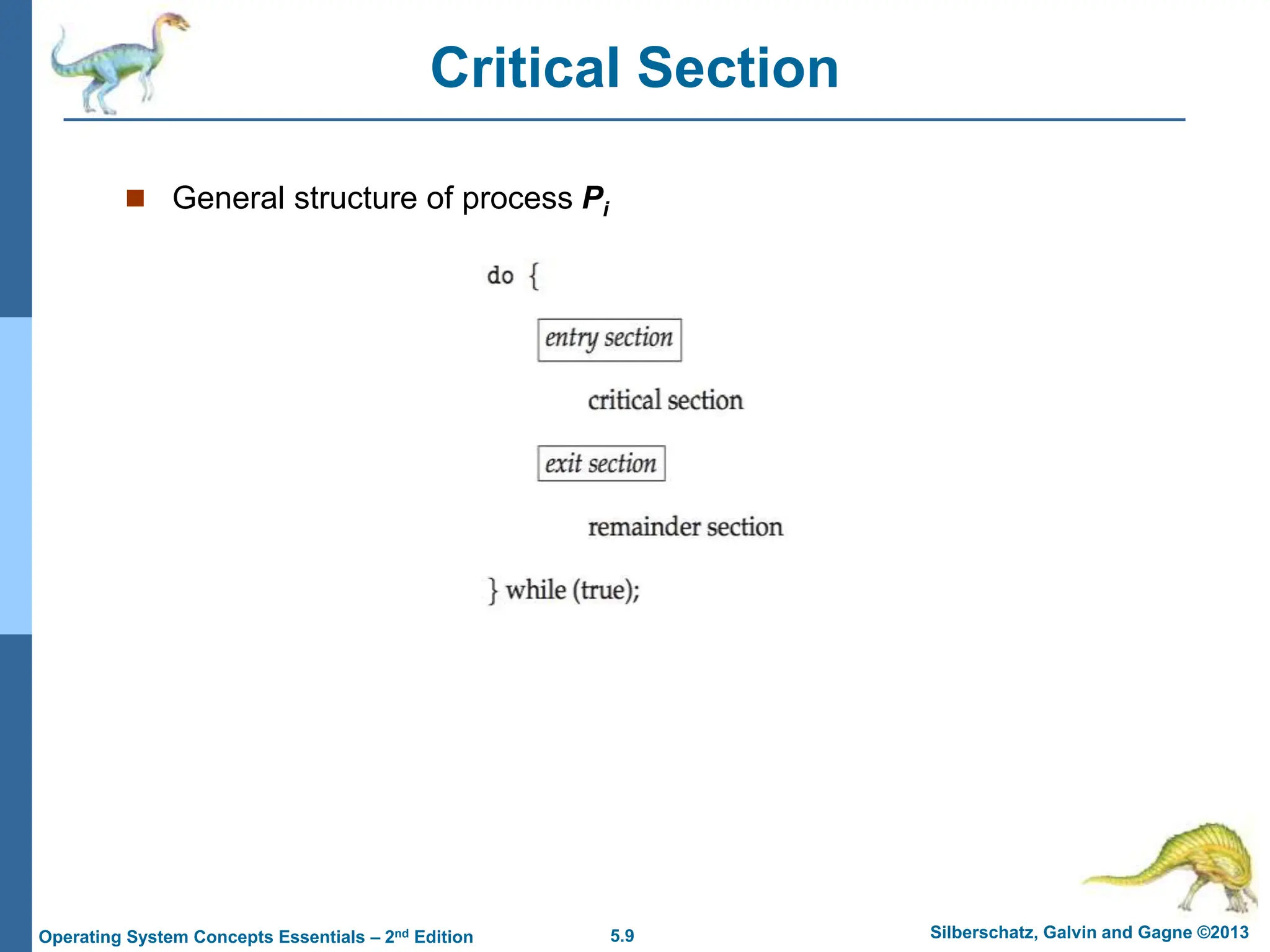 5.9 Silberschatz, Galvin and Gagne ©2013
Operating System Concepts Essentials – 2nd Edition
Critical Section
 General structure of process Pi
 