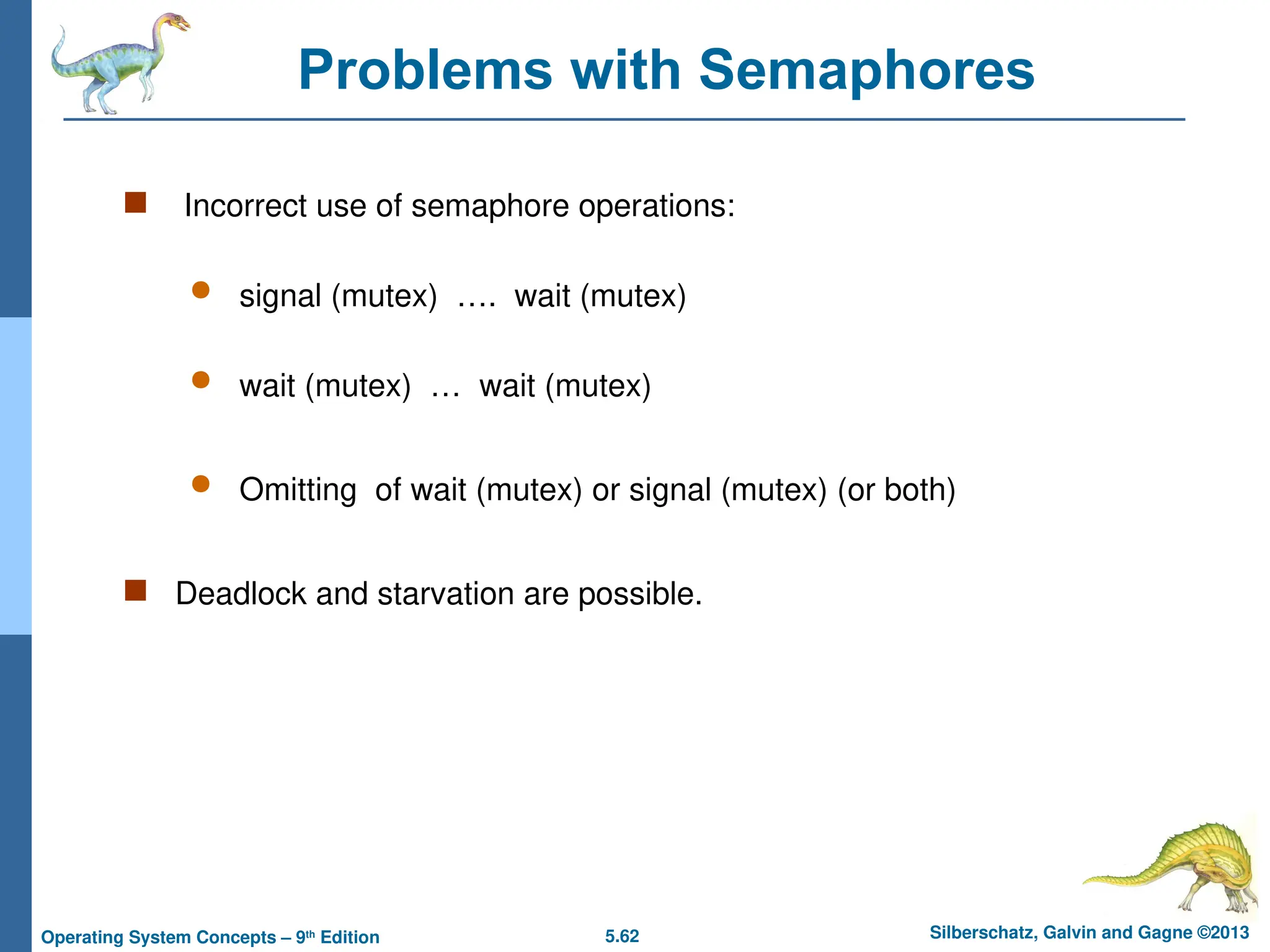 5.62 Silberschatz, Galvin and Gagne ©2013
Operating System Concepts – 9th
Edition
Problems with Semaphores
 Incorrect use of semaphore operations:
 signal (mutex) …. wait (mutex)
 wait (mutex) … wait (mutex)
 Omitting of wait (mutex) or signal (mutex) (or both)
 Deadlock and starvation are possible.
 