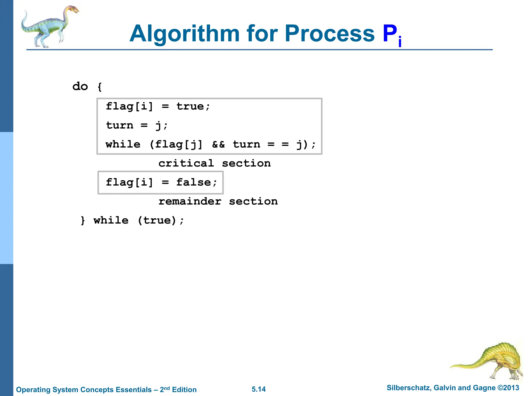 5.14 Silberschatz, Galvin and Gagne ©2013
Operating System Concepts Essentials – 2nd Edition
Algorithm for Process Pi
do {
flag[i] = true;
turn = j;
while (flag[j] && turn = = j);
critical section
flag[i] = false;
remainder section
} while (true);
 