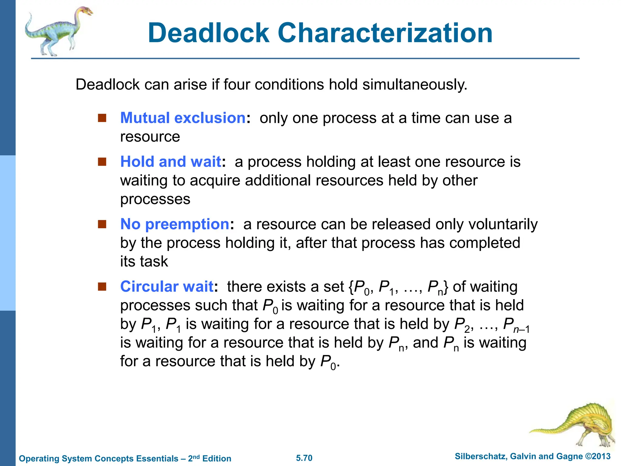 5.70 Silberschatz, Galvin and Gagne ©2013
Operating System Concepts Essentials – 2nd Edition
Deadlock Characterization
 Mutual exclusion: only one process at a time can use a
resource
 Hold and wait: a process holding at least one resource is
waiting to acquire additional resources held by other
processes
 No preemption: a resource can be released only voluntarily
by the process holding it, after that process has completed
its task
 Circular wait: there exists a set {P0, P1, …, Pn} of waiting
processes such that P0 is waiting for a resource that is held
by P1, P1 is waiting for a resource that is held by P2, …, Pn–1
is waiting for a resource that is held by Pn, and Pn is waiting
for a resource that is held by P0.
Deadlock can arise if four conditions hold simultaneously.
 