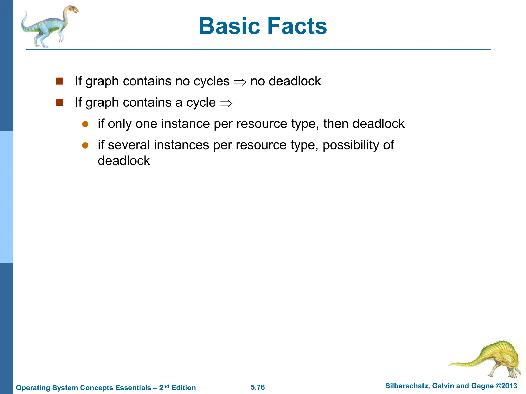 5.76 Silberschatz, Galvin and Gagne ©2013
Operating System Concepts Essentials – 2nd Edition
Basic Facts
 If graph contains no cycles ⇒ no deadlock
 If graph contains a cycle ⇒
 if only one instance per resource type, then deadlock
 if several instances per resource type, possibility of
deadlock
 