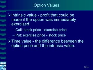 5.2- 4
Cover
image
Intrinsic value - profit that could be
made if the option was immediately
exercised.
– Call: stock price - exercise price
– Put: exercise price - stock price
Time value - the difference between the
option price and the intrinsic value.
Option Values
 