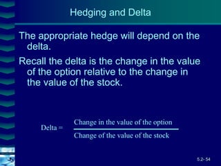 5.2- 54
Cover
image
Hedging and Delta
The appropriate hedge will depend on the
delta.
Recall the delta is the change in the value
of the option relative to the change in
the value of the stock.
Delta =
Change in the value of the option
Change of the value of the stock
 
