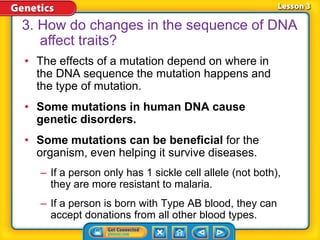 • The effects of a mutation depend on where in
the DNA sequence the mutation happens and
the type of mutation.
• Some mutations in human DNA cause
genetic disorders.
• Some mutations can be beneficial for the
organism, even helping it survive diseases.
– If a person only has 1 sickle cell allele (not both),
they are more resistant to malaria.
– If a person is born with Type AB blood, they can
accept donations from all other blood types.
3. How do changes in the sequence of DNA
affect traits?
 