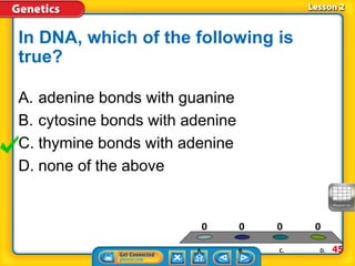 In DNA, which of the following is
true?
A. B. C. D.
0 000
A. adenine bonds with guanine
B. cytosine bonds with adenine
C. thymine bonds with adenine
D. none of the above
45
 