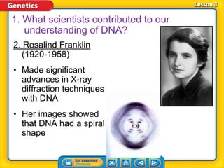 2. Rosalind Franklin
(1920-1958)
• Made significant
advances in X-ray
diffraction techniques
with DNA
• Her images showed
that DNA had a spiral
shape
1. What scientists contributed to our
understanding of DNA?
 
