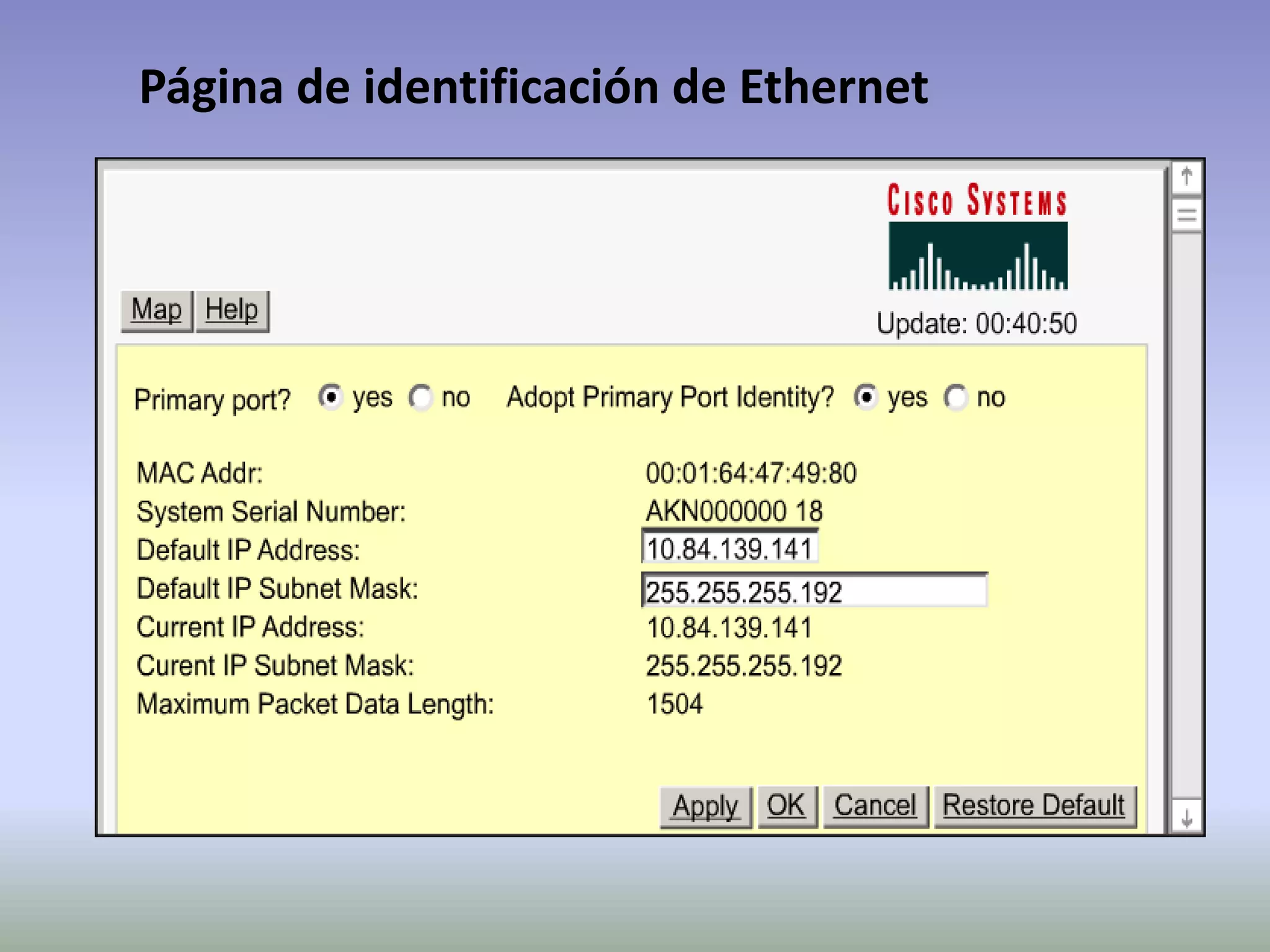 Página de identificación de Ethernet
 