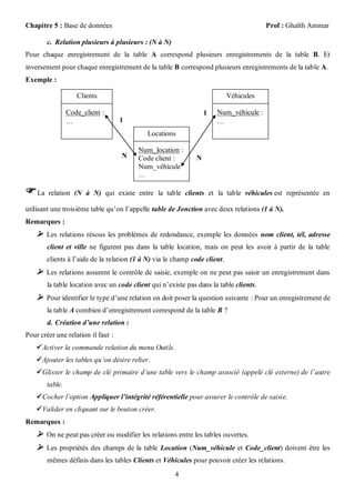 Chapitre 5 : Base de données                                                            Prof : Ghaïth Ammar

        c. Relation plusieurs à plusieurs : (N à N)
Pour chaque enregistrement de la table A correspond plusieurs enregistrements de la table B. Et
inversement pour chaque enregistrement de la table B correspond plusieurs enregistrements de la table A.
Exemple :

                    Clients                                                 Véhicules

                 Code_client :                                    1   Num_véhicule :
                 …                  1                                 …
                                            Locations

                                         Num_location :
                                    N    Code client :        N
                                         Num_véhicule
                                         …

 La    relation (N à N) qui existe entre la table clients et la table véhicules est représentée en

utilisant une troisième table qu’on l’appelle table de Jonction avec deux relations (1 à N).
Remarques :
     Les relations résous les problèmes de redondance, exemple les données nom client, tél, adresse
        client et ville ne figurent pas dans la table location, mais on peut les avoir à partir de la table
        clients à l’aide de la relation (1 à N) via le champ code client.
     Les relations assurent le contrôle de saisie, exemple on ne peut pas saisir un enregistrement dans
        la table location avec un code client qui n’existe pas dans la table clients.
     Pour identifier le type d’une relation on doit poser la question suivante : Pour un enregistrement de
        la table A combien d’enregistrement correspond de la table B ?
        d. Création d’une relation :
Pour créer une relation il faut :
     Activer la commande relation du menu Outils.
     Ajouter les tables qu’on désire relier.
     Glisser le champ de clé primaire d’une table vers le champ associé (appelé clé externe) de l’autre
        table.
     Cocher l’option Appliquer l’intégrité référentielle pour assurer le contrôle de saisie.
     Valider en cliquant sur le bouton créer.
Remarques :
     On ne peut pas créer ou modifier les relations entre les tables ouvertes.
     Les propriétés des champs de la table Location (Num_véhicule et Code_client) doivent être les
        mêmes définis dans les tables Clients et Véhicules pour pouvoir créer les relations.
                                                       4
 