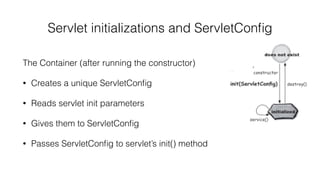 Servlet initializations and ServletConfig 
The Container (after running the constructor) 
• Creates a unique ServletConfig 
• Reads servlet init parameters 
• Gives them to ServletConfig 
• Passes ServletConfig to servlet’s init() method 
 