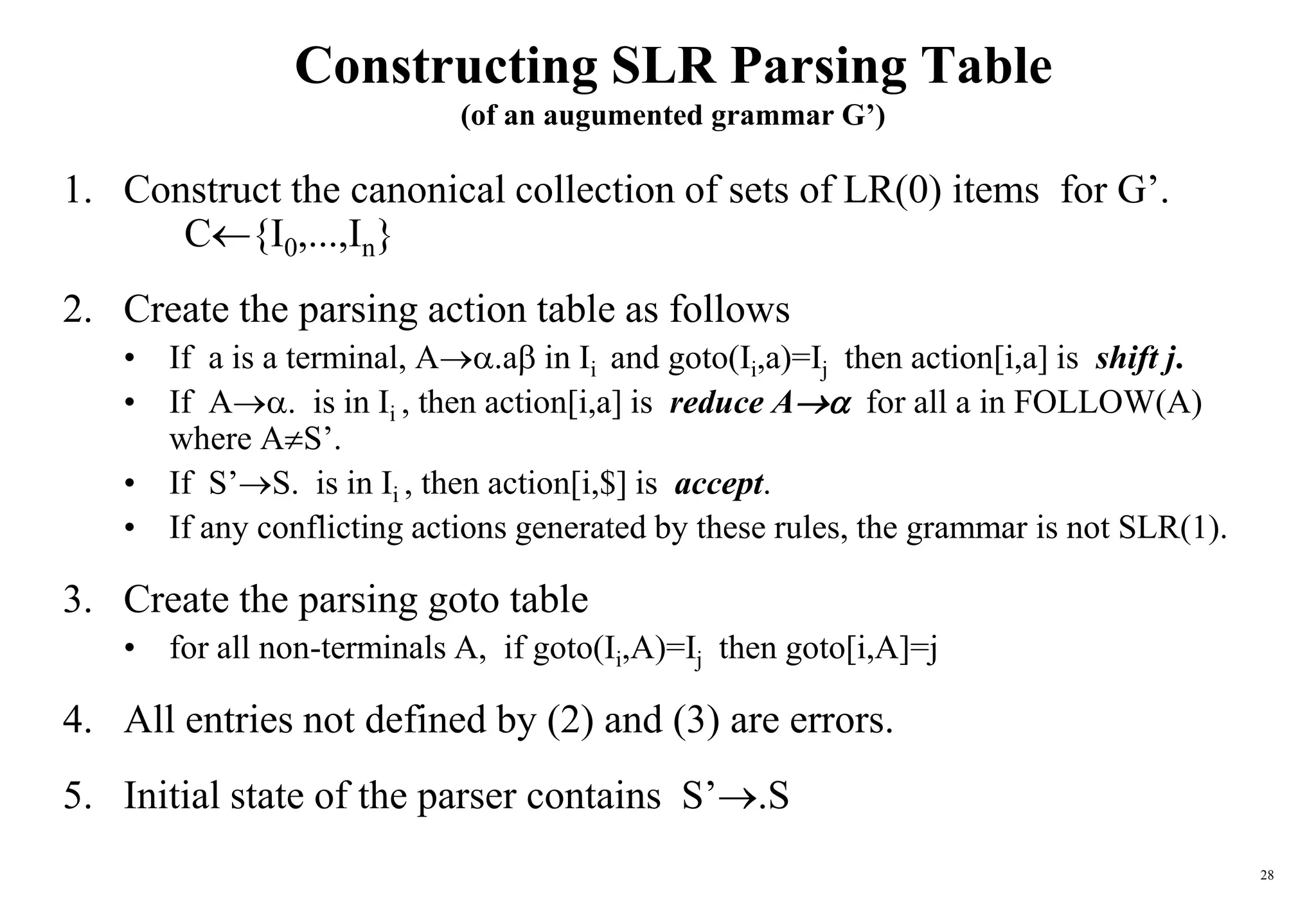 28
Constructing SLR Parsing Table
(of an augumented grammar G’)
1. Construct the canonical collection of sets of LR(0) items for G’.
C{I0,...,In}
2. Create the parsing action table as follows
• If a is a terminal, A.a in Ii and goto(Ii,a)=Ij then action[i,a] is shift j.
• If A. is in Ii , then action[i,a] is reduce A for all a in FOLLOW(A)
where AS’.
• If S’S. is in Ii , then action[i,$] is accept.
• If any conflicting actions generated by these rules, the grammar is not SLR(1).
3. Create the parsing goto table
• for all non-terminals A, if goto(Ii,A)=Ij then goto[i,A]=j
4. All entries not defined by (2) and (3) are errors.
5. Initial state of the parser contains S’.S
 