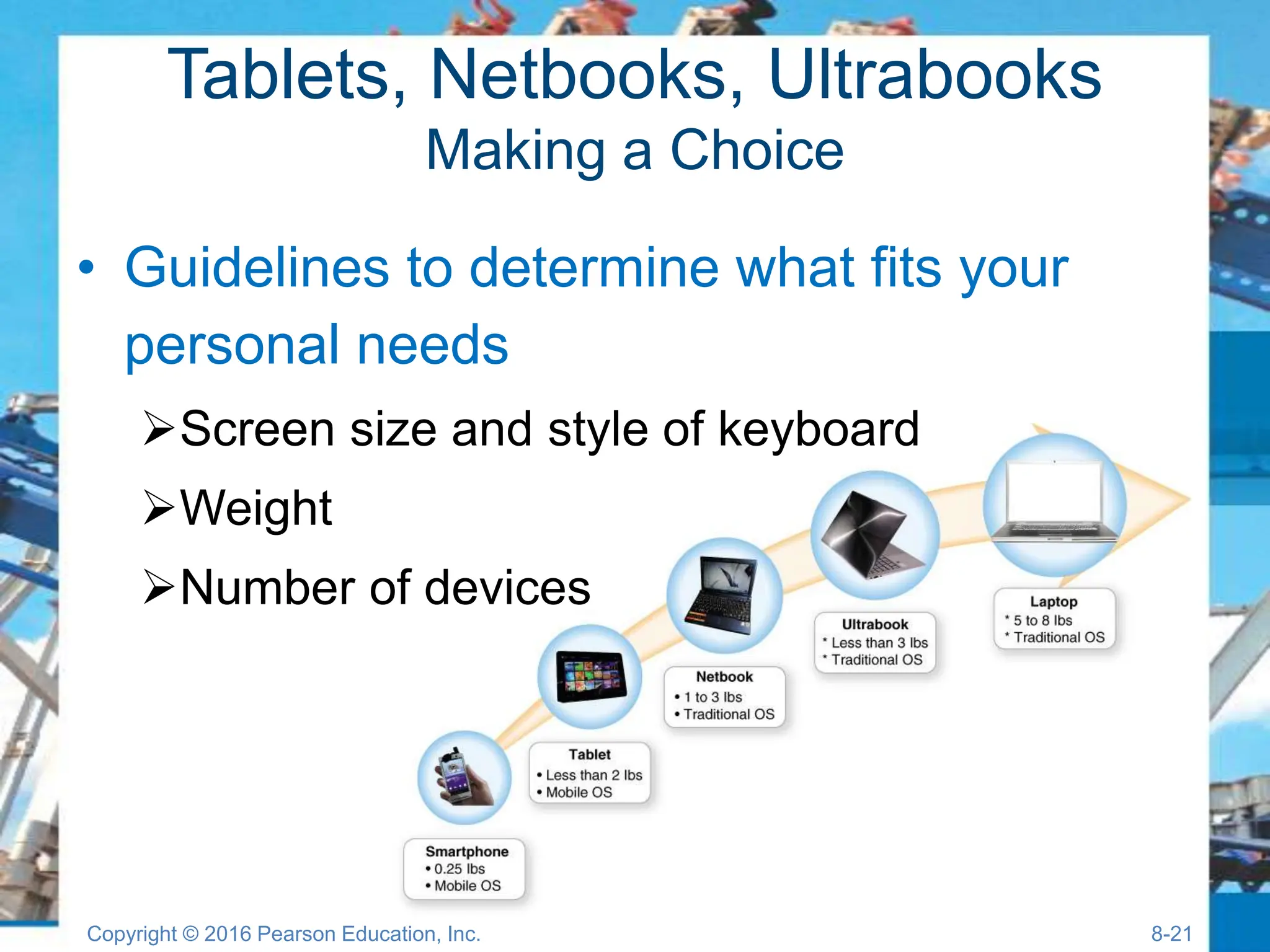 Tablets, Netbooks, Ultrabooks
Making a Choice
• Guidelines to determine what fits your
personal needs
Screen size and style of keyboard
Weight
Number of devices
Copyright © 2016 Pearson Education, Inc. 8-21
 