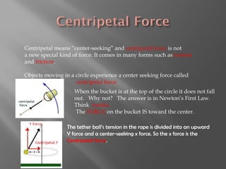 Centripetal means “center-seeking” and centripetal force is not
a new special kind of force. It comes in many forms such as tension
and friction.

Objects moving in a circle experience a center seeking force called
                    centripetal force.
                    When the bucket is at the top of the circle it does not fall
                    out. Why not? The answer is in Newton’s First Law.
                    Think inertia.
                    The FORCE on the bucket IS toward the center.

                 The tether ball’s tension in the rope is divided into an upward
                 Y force and a center-seeking x force. So the x force is the
                 Centripetal force.
 