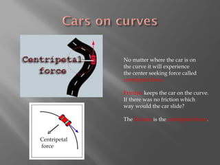 No matter where the car is on
              the curve it will experience
              the center seeking force called
              centripetal force.

              Friction keeps the car on the curve.
              If there was no friction which
              way would the car slide?

              The friction is the centripetal force.


Centripetal
force
 
