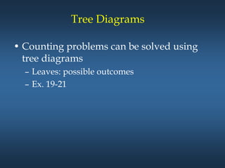 Tree Diagrams
• Counting problems can be solved using
tree diagrams
– Leaves: possible outcomes
– Ex. 19-21
 