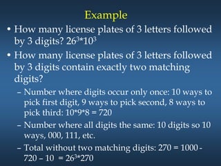 Example
• How many license plates of 3 letters followed
by 3 digits? 263*103
• How many license plates of 3 letters followed
by 3 digits contain exactly two matching
digits?
– Number where digits occur only once: 10 ways to
pick first digit, 9 ways to pick second, 8 ways to
pick third: 10*9*8 = 720
– Number where all digits the same: 10 digits so 10
ways, 000, 111, etc.
– Total without two matching digits: 270 = 1000 -
720 – 10 = 263*270
 