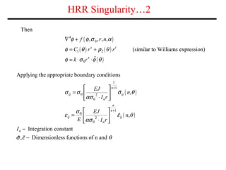 HRR Singularity…2
( )
( ) ( )
( )
4
0
1 2
0
Then
, , , ,
(similar to Williams expression)s t
s
f r n
C r r
k r
φ φ σ α
φ θ...