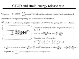 CTOD and strain-energy release rate
• Equation relates CTOD ( ) to G for small-scale yielding. Wells proved that
Can valid...
