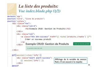 La liste des produits:
Vue index.blade.php (1/2)
23
Affichage de la variable de session
flash, s’il est associé à la requête
 