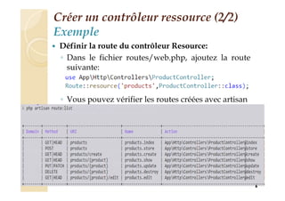 Créer un contrôleur ressource (2/2)
Exemple
 Définir la route du contrôleur Resource:
◦ Dans le fichier routes/web.php, ajoutez la route
suivante:
◦ Vous pouvez vérifier les routes créées avec artisan
6
 