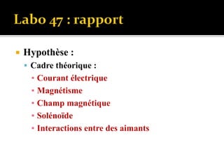  Hypothèse :
 Cadre théorique :
▪ Courant électrique
▪ Magnétisme
▪ Champ magnétique
▪ Solénoïde
▪ Interactions entre des aimants
 