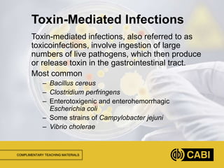 COMPLIMENTARY TEACHING MATERIALS
Toxin-mediated infections, also referred to as
toxicoinfections, involve ingestion of large
numbers of live pathogens, which then produce
or release toxin in the gastrointestinal tract.
Most common
– Bacillus cereus
– Clostridium perfringens
– Enterotoxigenic and enterohemorrhagic
Escherichia coli
– Some strains of Campylobacter jejuni
– Vibrio cholerae
Toxin-Mediated Infections
 
