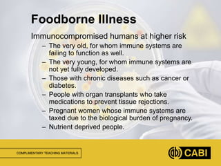 COMPLIMENTARY TEACHING MATERIALS
Immunocompromised humans at higher risk
– The very old, for whom immune systems are
failing to function as well.
– The very young, for whom immune systems are
not yet fully developed.
– Those with chronic diseases such as cancer or
diabetes.
– People with organ transplants who take
medications to prevent tissue rejections.
– Pregnant women whose immune systems are
taxed due to the biological burden of pregnancy.
– Nutrient deprived people.
Foodborne Illness
 