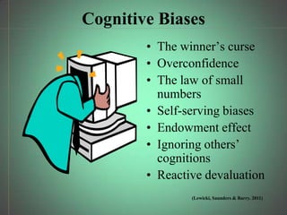 Cognitive Biases
        • The winner’s curse
        • Overconfidence
        • The law of small
          numbers
        • Self-serving biases
        • Endowment effect
        • Ignoring others’
          cognitions
        • Reactive devaluation
                (Lewicki, Saunders & Barry. 2011)
 