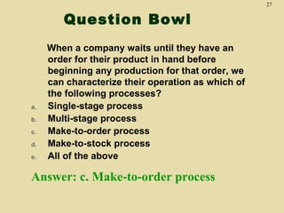 27

Question Bowl

a.
b.
c.
d.
e.

When a company waits until they have an
order for their product in hand before
beginning any production for that order, we
can characterize their operation as which of
the following processes?
Single-stage process
Multi-stage process
Make-to-order process
Make-to-stock process
All of the above

Answer: c. Make-to-order process

 
