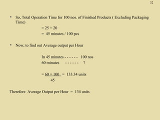 32



So, Total Operation Time for 100 nos. of Finished Products ( Excluding Packaging
Time)
= 25 + 20
= 45 minutes / 100 pcs



Now, to find out Average output per Hour
In 45 minutes - - - - - - 100 nos
60 minutes
------ ?
= 60 × 100 = 133.34 units
45

Therefore Average Output per Hour = 134 units

 