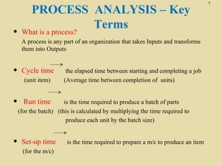 •

PROCESS ANALYSIS – Key
Terms
What is a process?
A process is any part of an organization that takes Inputs and transforms
them into Outputs

•

Cycle time
(unit item)

•

•

the elapsed time between starting and completing a job
(Average time between completion of units)

Run time

is the time required to produce a batch of parts
(for the batch) (this is calculated by multiplying the time required to
produce each unit by the batch size)

Set-up time
(for the m/c)

is the time required to prepare a m/c to produce an item

7

 