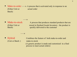9

•

Make-to-order

•

Make-to-stock

•

Hybrid

(Either Unit or
Batch)

(Either Unit or
Batch)

(Unit or Batch )

A process that is activated only in response to an
actual order

A process that produces standard products that are
stored in finished Goods Inventory : the product is
quickly delivered to the customer

Combines the feature of both make-to-order and
make-to-stock
(A generic product is made and customised in a final
process to meet actual orders)

 