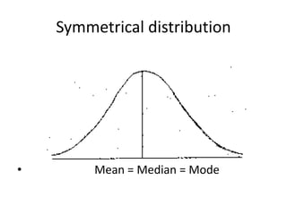 Symmetrical distribution
• Mean = Median = Mode
 