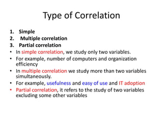 Type of Correlation
1. Simple
2. Multiple correlation
3. Partial correlation
• In simple correlation, we study only two variables.
• For example, number of computers and organization
efficiency
• In multiple correlation we study more than two variables
simultaneously.
• For example, usefulness and easy of use and IT adoption
• Partial correlation, it refers to the study of two variables
excluding some other variables
 